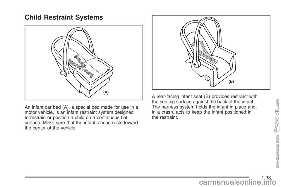 CHEVROLET KODIAK 2005 Owners Guide Child Restraint Systems
An infant car bed (A), a special bed made for use in a
motor vehicle, is an infant restraint system designed
to restrain or position a child on a continuous ﬂat
surface. Make