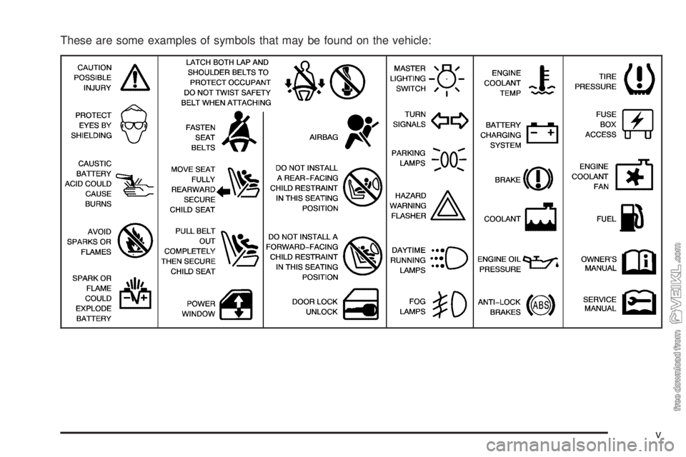 CHEVROLET KODIAK 2005 Owners Manual These are some examples of symbols that may be found on the vehicle:
v CHEVROLET KODIAK 2005 Owners Manual These are some examples of symbols that may be found on the vehicle:
v