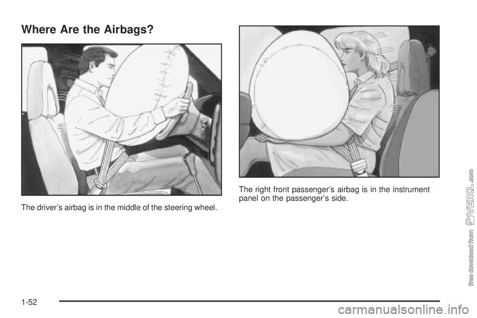 CHEVROLET KODIAK 2005 Workshop Manual Where Are the Airbags?
The driver’s airbag is in the middle of the steering wheel.The right front passenger’s airbag is in the instrument
panel on the passenger’s side.
1-52 