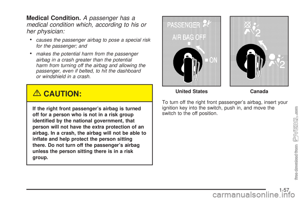 CHEVROLET KODIAK 2005 Repair Manual Medical Condition.A passenger has a
medical condition which, according to his or
her physician:
•
causes the passenger airbag to pose a special risk
for the passenger; and
•makes the potential har