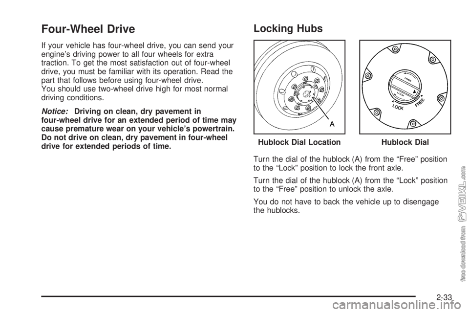 CHEVROLET KODIAK 2005 Owners Manual Four-Wheel Drive
If your vehicle has four-wheel drive, you can send your
engine’s driving power to all four wheels for extra
traction. To get the most satisfaction out of four-wheel
drive, you must CHEVROLET KODIAK 2005 Owners Manual Four-Wheel Drive
If your vehicle has four-wheel drive, you can send your
engine’s driving power to all four wheels for extra
traction. To get the most satisfaction out of four-wheel
drive, you must