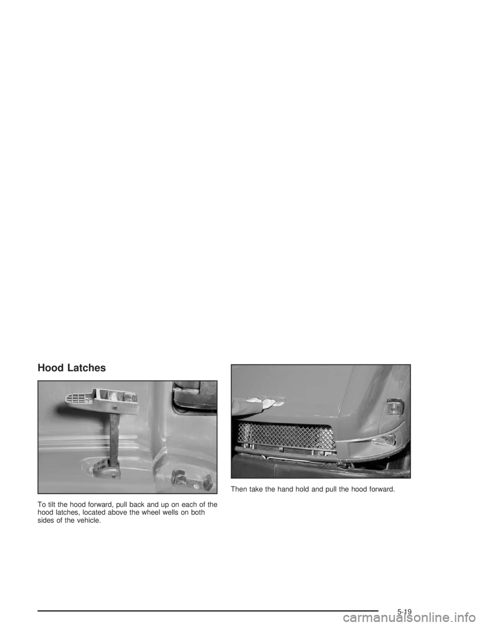 CHEVROLET KODIAK 2004  Owners Manual Hood Latches
To tilt the hood forward, pull back and up on each of the
hood latches, located above the wheel wells on both
sides of the vehicle.Then take the hand hold and pull the hood forward.
5-19 