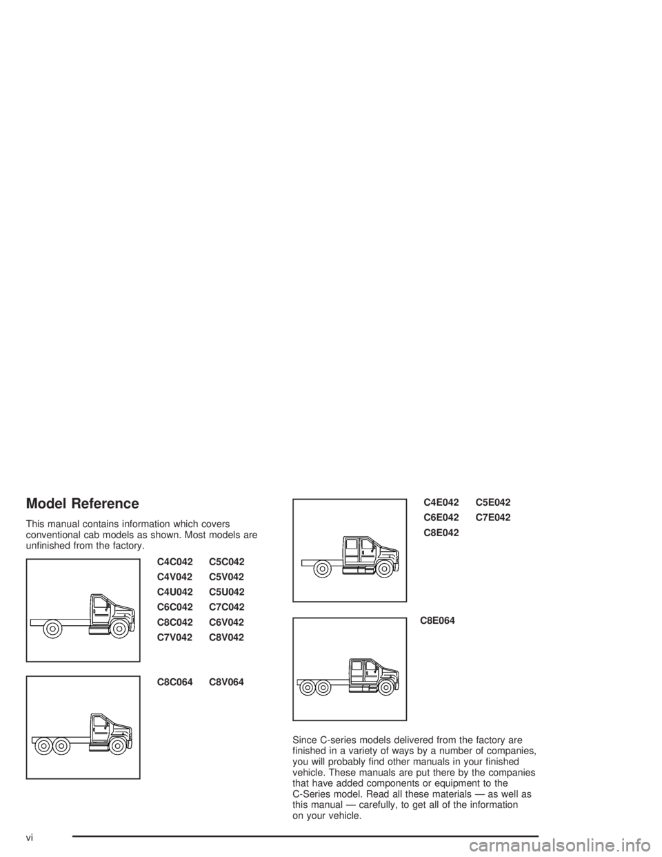 CHEVROLET KODIAK 2004 Owners Manual Model Reference
This manual contains information which covers
conventional cab models as shown. Most models are
unfinished from the factory.
C4C042 C5C042
C4V042 C5V042
C4U042 C5U042
C6C042 C7C042
C8 CHEVROLET KODIAK 2004 Owners Manual Model Reference
This manual contains information which covers
conventional cab models as shown. Most models are
unfinished from the factory.
C4C042 C5C042
C4V042 C5V042
C4U042 C5U042
C6C042 C7C042
C8