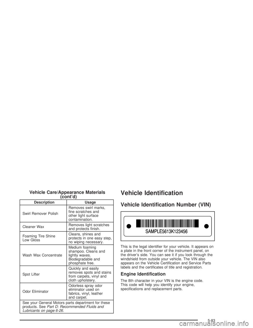 CHEVROLET AVEO 2002 Service Repair Manual Vehicle Care/Appearance Materials
(cont’d)
Description Usage
Swirl Remover PolishRemoves swirl marks,
fine scratches and
other light surface
contamination.
Cleaner WaxRemoves light scratches
and pr CHEVROLET AVEO 2002 Service Repair Manual Vehicle Care/Appearance Materials
(cont’d)
Description Usage
Swirl Remover PolishRemoves swirl marks,
fine scratches and
other light surface
contamination.
Cleaner WaxRemoves light scratches
and pr