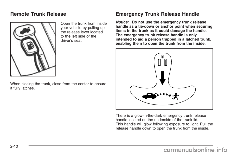 CHEVROLET AVEO 2002 Service Repair Manual Remote Trunk Release
Open the trunk from inside
your vehicle by pulling up
the release lever located
to the left side of the
driver’s seat.
When closing the trunk, close from the center to ensure
it CHEVROLET AVEO 2002 Service Repair Manual Remote Trunk Release
Open the trunk from inside
your vehicle by pulling up
the release lever located
to the left side of the
driver’s seat.
When closing the trunk, close from the center to ensure
it