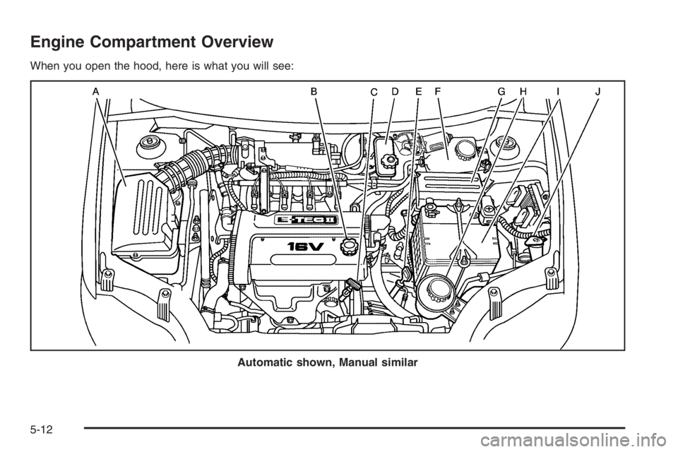CHEVROLET AVEO 2002  Service Repair Manual Engine Compartment Overview
When you open the hood, here is what you will see:
Automatic shown, Manual similar
5-12 