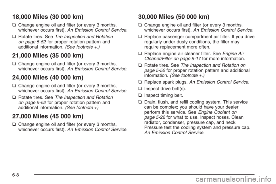 CHEVROLET AVEO 2002  Service Repair Manual 18,000 Miles (30 000 km)
❑ Change engine oil and ﬁlter (or every 3 months, 
whichever occurs ﬁrst).  An Emission Control Service. 
❑  Rotate tires. See Tire Inspection and Rotation 
on page 5-