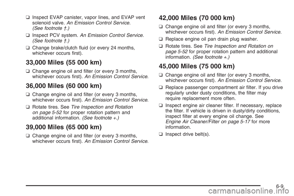 CHEVROLET AVEO 2002  Service Repair Manual ❑ Inspect EVAP canister, vapor lines, and EVAP vent 
solenoid valve.  An Emission Control Service. 
(See footnote †.) 
❑  Inspect PCV system. An Emission Control Service. 
(See footnote †.) 
