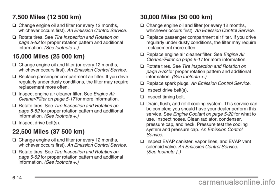 CHEVROLET AVEO 2002  Service Repair Manual 7,500 Miles (12 500 km)
❑ Change engine oil and ﬁlter (or every 12 months, 
whichever occurs ﬁrst).  An Emission Control Service. 
❑  Rotate tires. See Tire Inspection and Rotation on 
page 5-