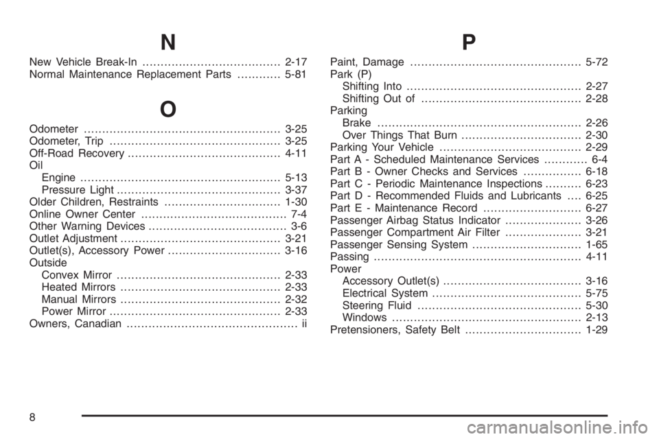 CHEVROLET AVEO 2002  Service Repair Manual N
New Vehicle Break-In......................................2-17
Normal Maintenance Replacement Parts............5-81
O
Odometer......................................................3-25
Odometer, Tri