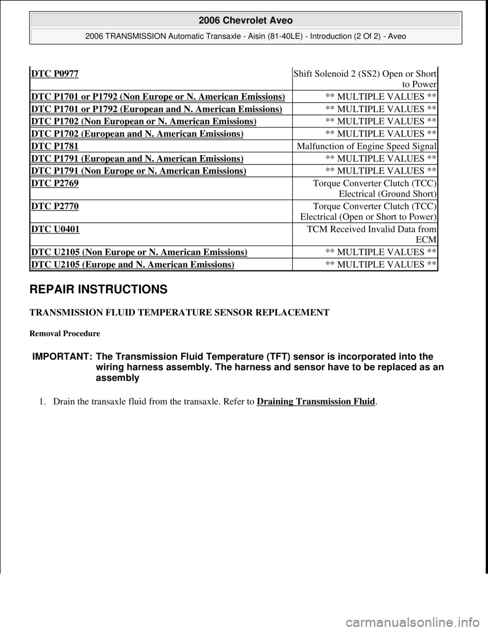 CHEVROLET AVEO 2002  Service Repair Manual REPAIR INSTRUCTIONS 
TRANSMISSION FLUID TEMPERATURE SENSOR REPLACEMENT 
Removal Procedure 
1. Drain the transaxle fluid from the transaxle. Refer to Draining Transmission Fluid. 
DTC P0977 Shift Solen