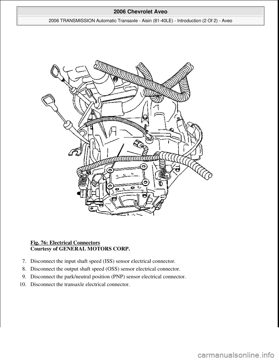 CHEVROLET AVEO 2002  Service Repair Manual Fig. 76: Electrical Connectors 
Courtesy of GENERAL MOTORS CORP. 
7. Disconnect the input shaft speed (ISS) sensor electrical connector.  
8. Disconnect the output shaft speed (OSS) sensor electrical 
