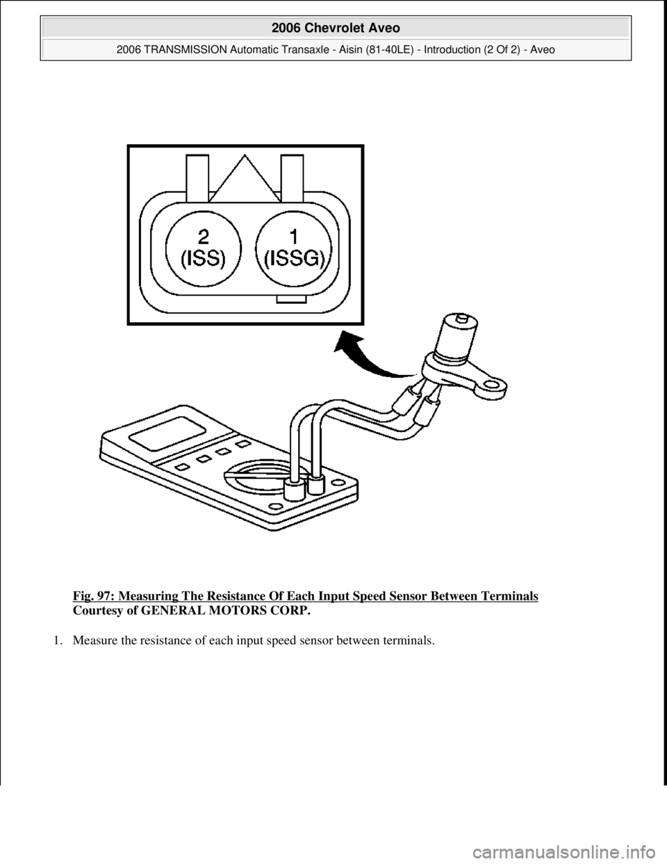 CHEVROLET AVEO 2002  Service Repair Manual Fig. 97: Measuring The Resistance Of Each Input Speed Sensor Between Terminals 
Courtesy of GENERAL MOTORS CORP. 
1. Measure the resistance of each input speed sensor between terminals. 
 
2006 Chevro