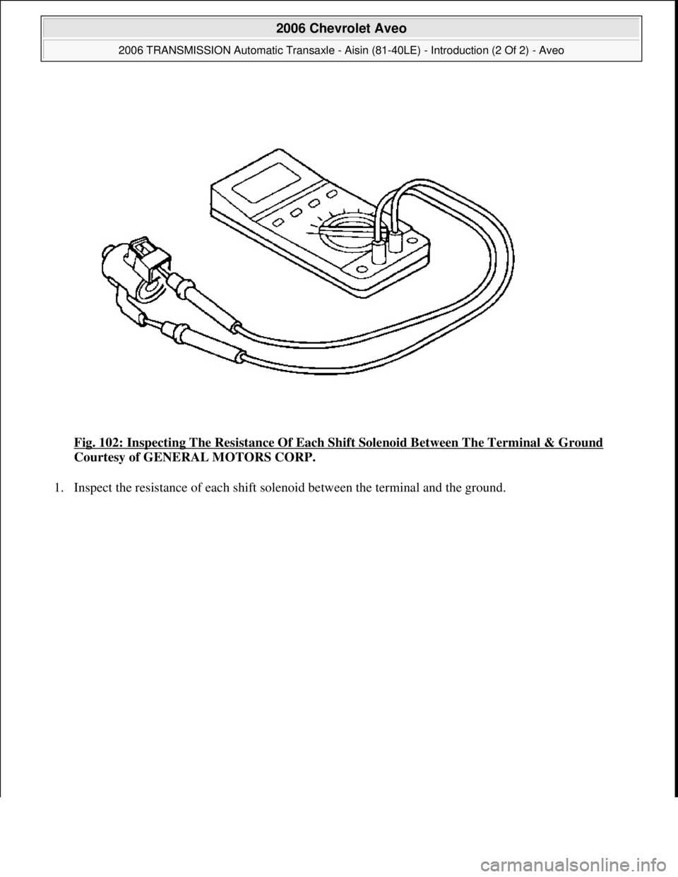 CHEVROLET AVEO 2002  Service Repair Manual Fig. 102: Inspecting The Resistance Of Each Shift Solenoid Between The Terminal & Ground 
Courtesy of GENERAL MOTORS CORP. 
1. Inspect the resistance of each shift solenoid between the terminal and th