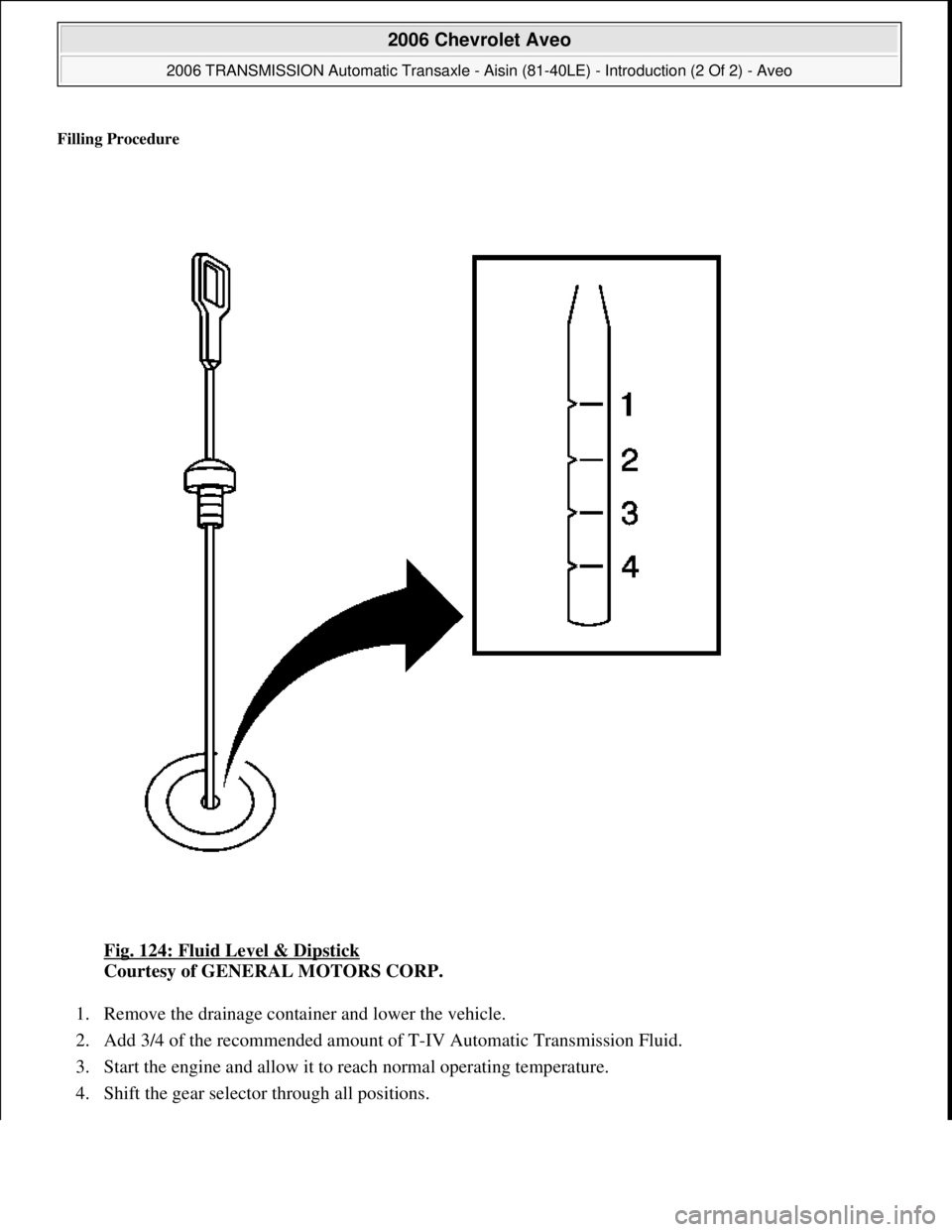 CHEVROLET AVEO 2002  Service Owners Guide Filling Procedure 
Fig. 124: Fluid Level & Dipstick 
Courtesy of GENERAL MOTORS CORP. 
1. Remove the drainage container and lower the vehicle.  
2. Add 3/4 of the recommended amount of T-IV Automatic 