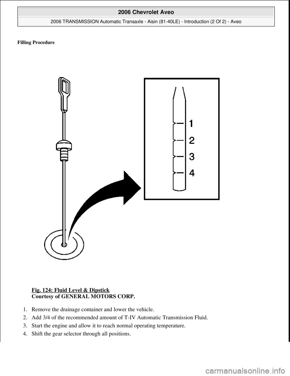 CHEVROLET AVEO 2002  Service Repair Manual Filling Procedure 
Fig. 124: Fluid Level & Dipstick 
Courtesy of GENERAL MOTORS CORP. 
1. Remove the drainage container and lower the vehicle.  
2. Add 3/4 of the recommended amount of T-IV Automatic 