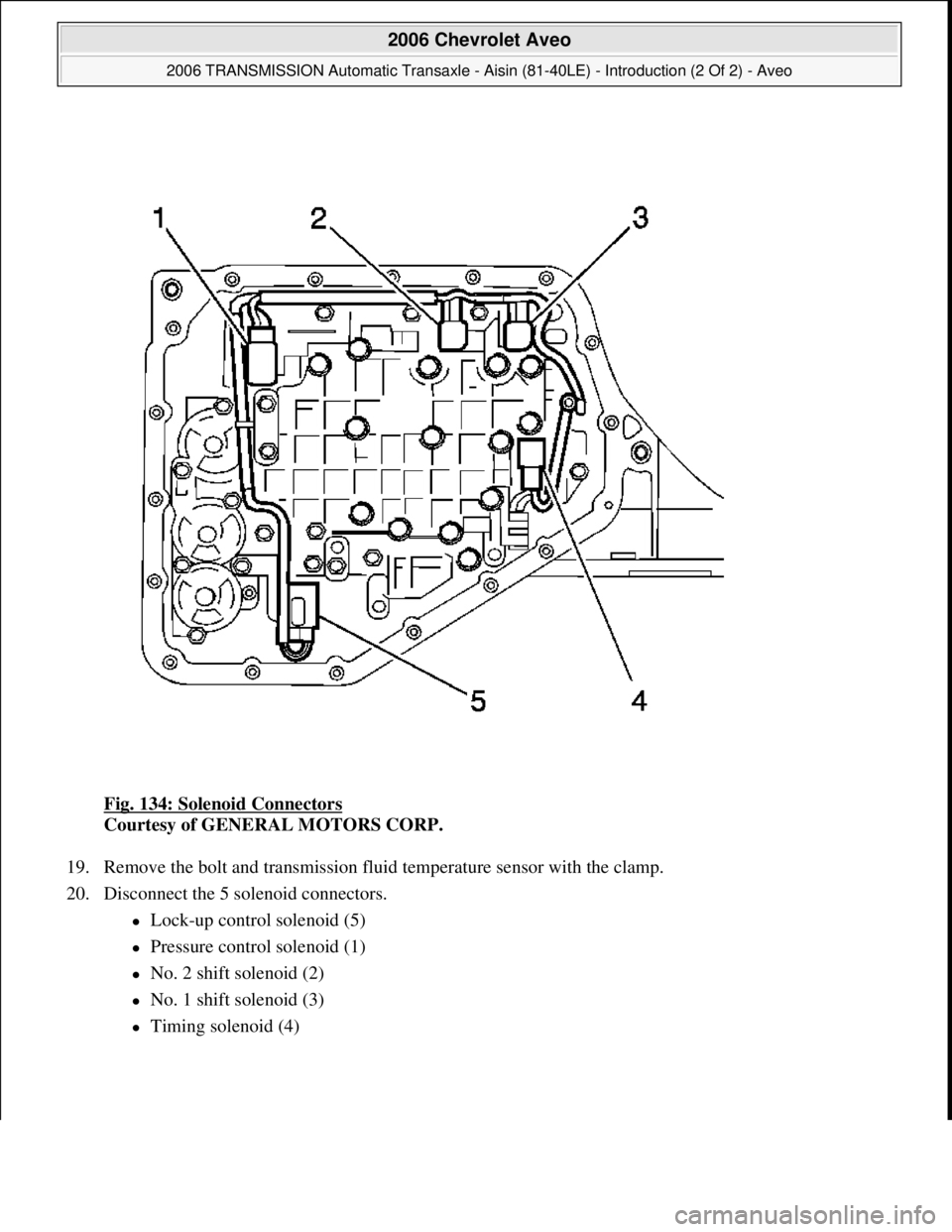 CHEVROLET AVEO 2002  Service Owners Guide Fig. 134: Solenoid Connectors 
Courtesy of GENERAL MOTORS CORP. 
19. Remove the bolt and transmission fluid temperature sensor with the clamp.  
20. Disconnect the 5 solenoid connectors. 
Lock-up c