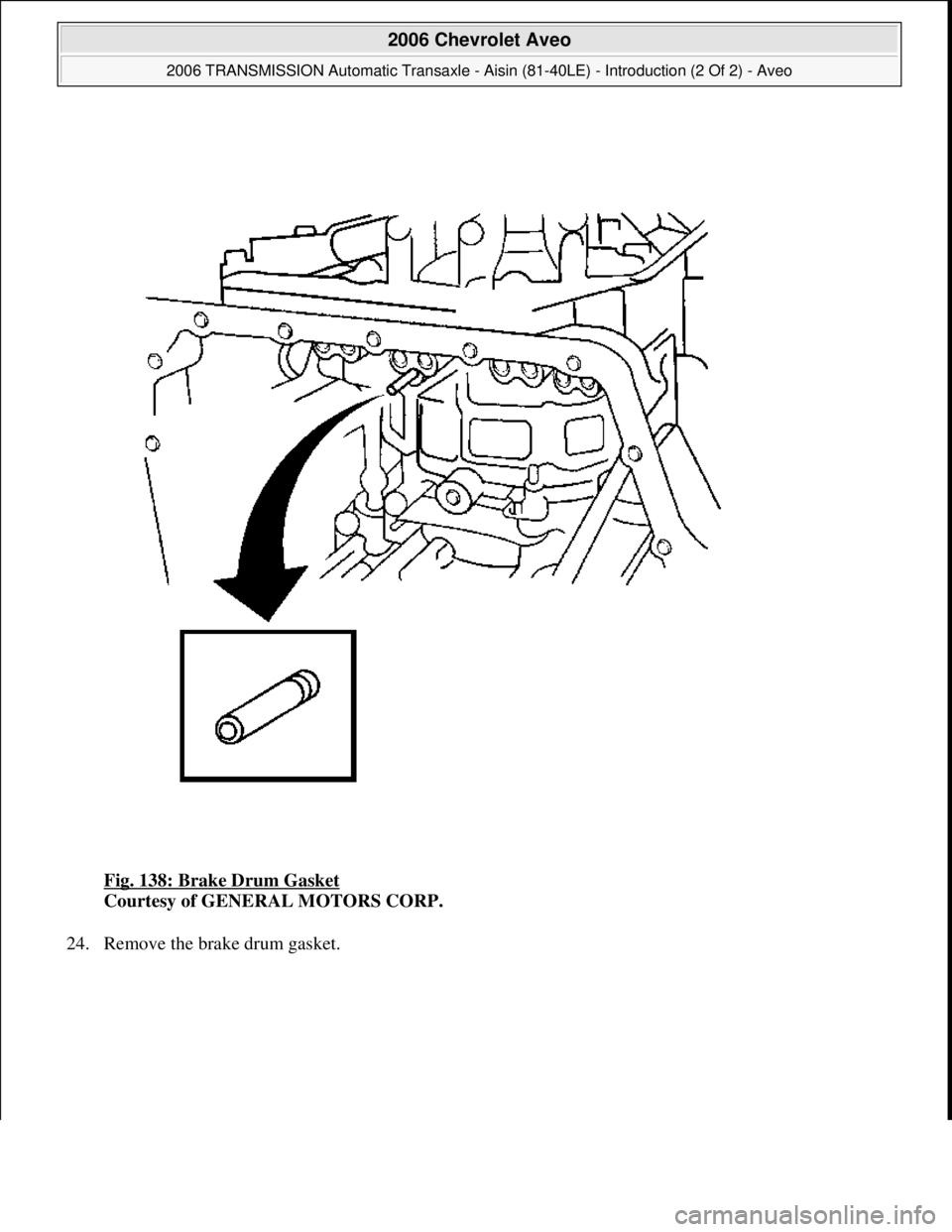 CHEVROLET AVEO 2002  Service Repair Manual Fig. 138: Brake Drum Gasket 
Courtesy of GENERAL MOTORS CORP. 
24. Remove the brake drum 
gasket. 
 
2006 Chevrolet Aveo 
2006 TRANSMISSION Automatic Transaxle - Aisin (81-40LE) - Introduction (2 Of 2