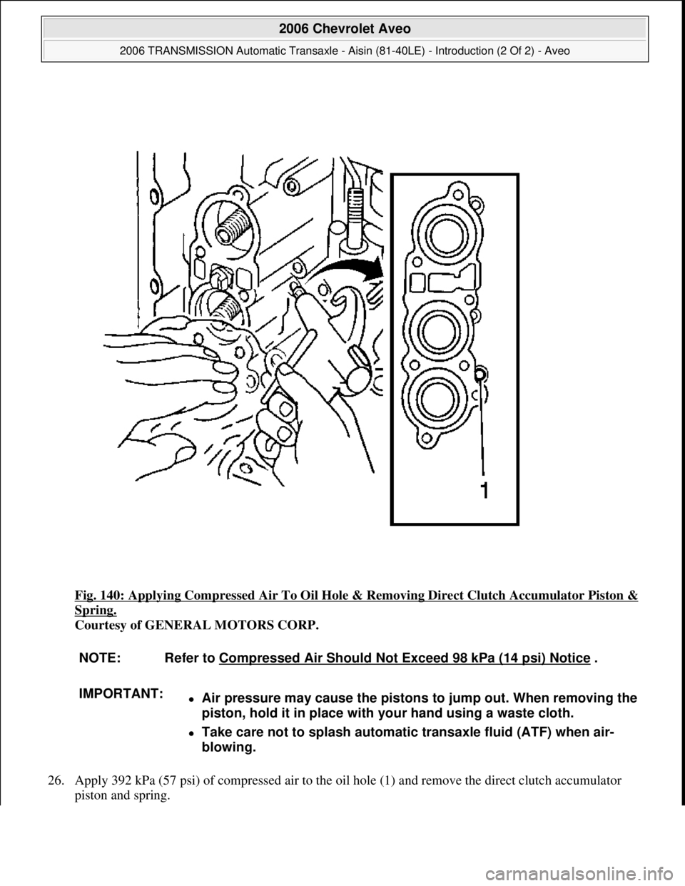CHEVROLET AVEO 2002  Service Owners Guide Fig. 140: Applying Compressed Air To Oil Hole & Removing Direct Clutch Accumulator Piston & 
Spring. 
Courtesy of GENERAL MOTORS CORP. 
26. Apply 392 kPa (57 psi) of compressed air to the oil hole (1)