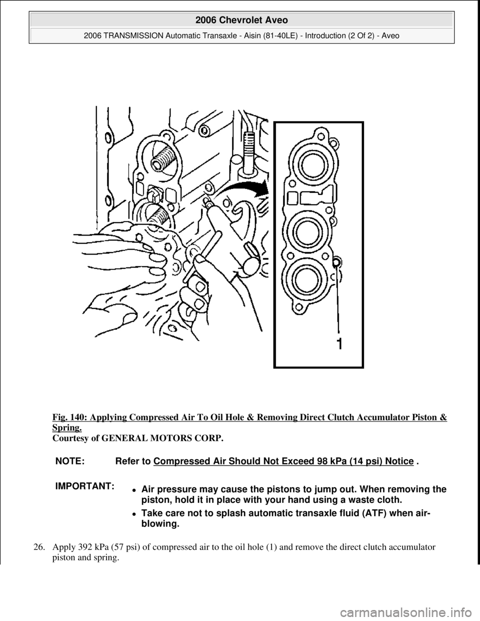 CHEVROLET AVEO 2002  Service Repair Manual Fig. 140: Applying Compressed Air To Oil Hole & Removing Direct Clutch Accumulator Piston & 
Spring. 
Courtesy of GENERAL MOTORS CORP. 
26. Apply 392 kPa (57 psi) of compressed air to the oil hole (1)
