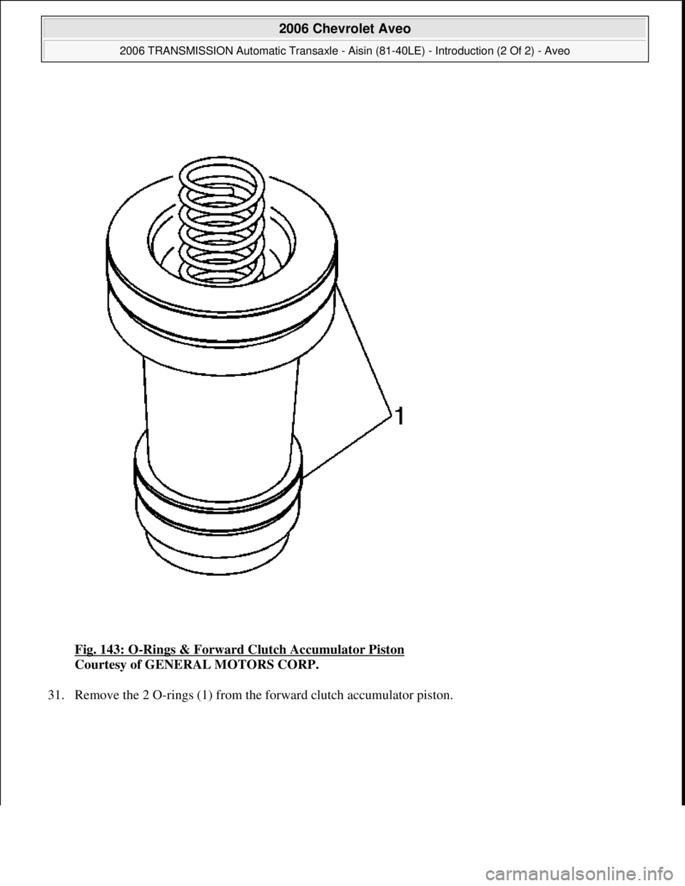 CHEVROLET AVEO 2002  Service Repair Manual Fig. 143: O-Rings & Forward Clutch Accumulator Piston 
Courtesy of GENERAL MOTORS CORP. 
31. Remove the 2 O-rin
gs (1) from the forward clutch accumulator piston. 
 
2006 Chevrolet Aveo 
2006 TRANSMIS