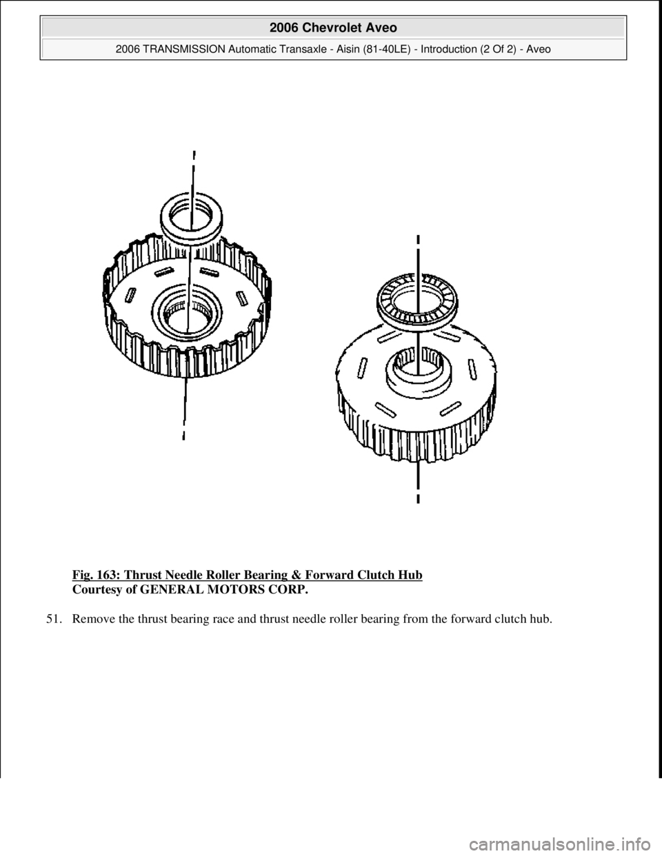 CHEVROLET AVEO 2002  Service Repair Manual Fig. 163: Thrust Needle Roller Bearing & Forward Clutch Hub 
Courtesy of GENERAL MOTORS CORP. 
51. Remove the thrust bearing race and thrust needle roller bearing from the forward clutch hub. 
 
2006 
