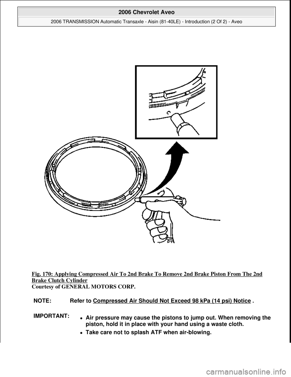 CHEVROLET AVEO 2002  Service Repair Manual Fig. 170: Applying Compressed Air To 2nd Brake To Remove 2nd Brake Piston From The 2nd 
Brake Clutch Cylinder 
Courtesy of GENERAL MOTORS CORP. 
NOTE: Refer to Compressed Air Should Not Exceed 98 kPa 