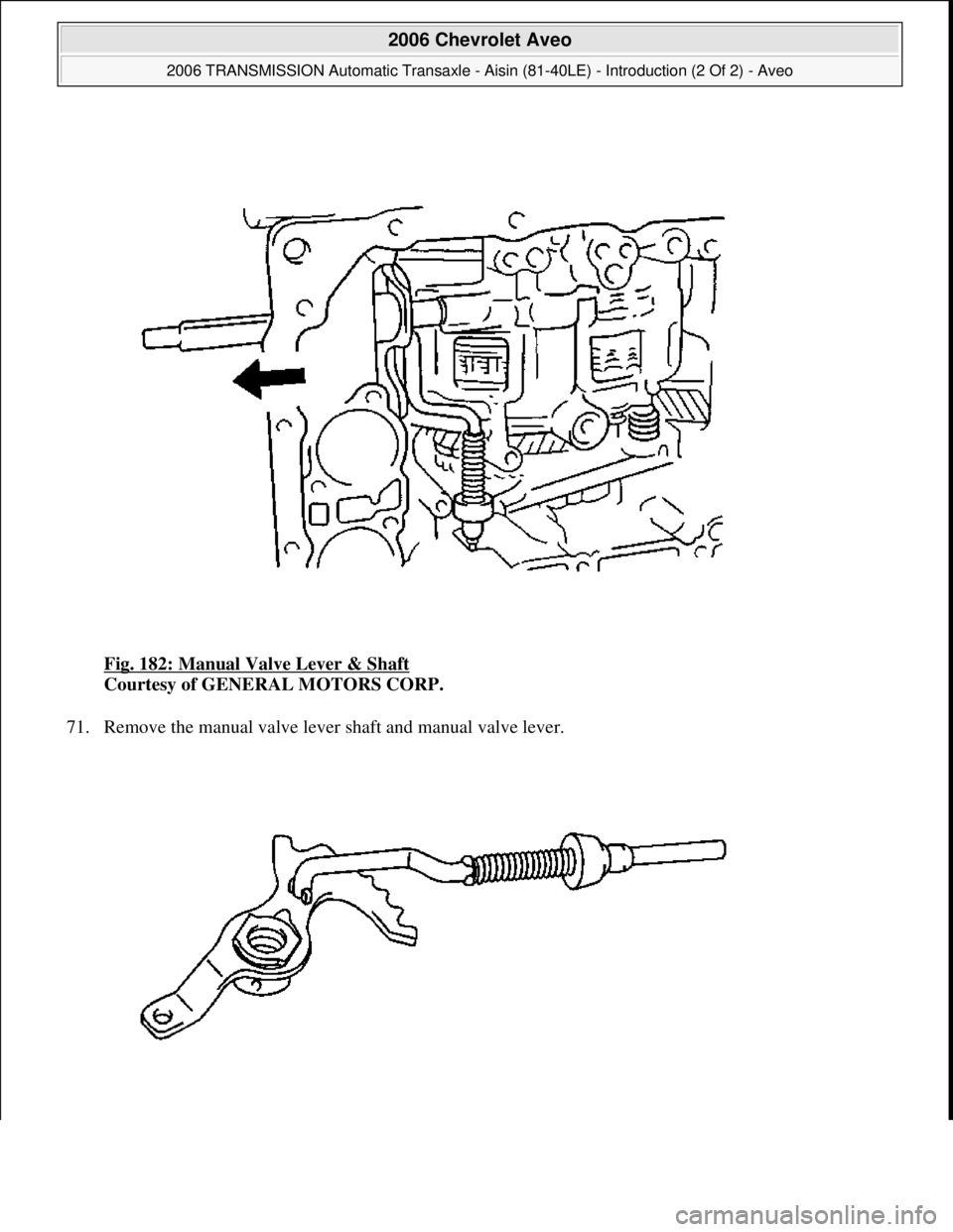 CHEVROLET AVEO 2002  Service Repair Manual Fig. 182: Manual Valve Lever & Shaft 
Courtesy of GENERAL MOTORS CORP. 
71. Remove the manual valve lever shaft and manual valve lever. 
 
2006 Chevrolet Aveo 
2006 TRANSMISSION Automatic Transaxle - 