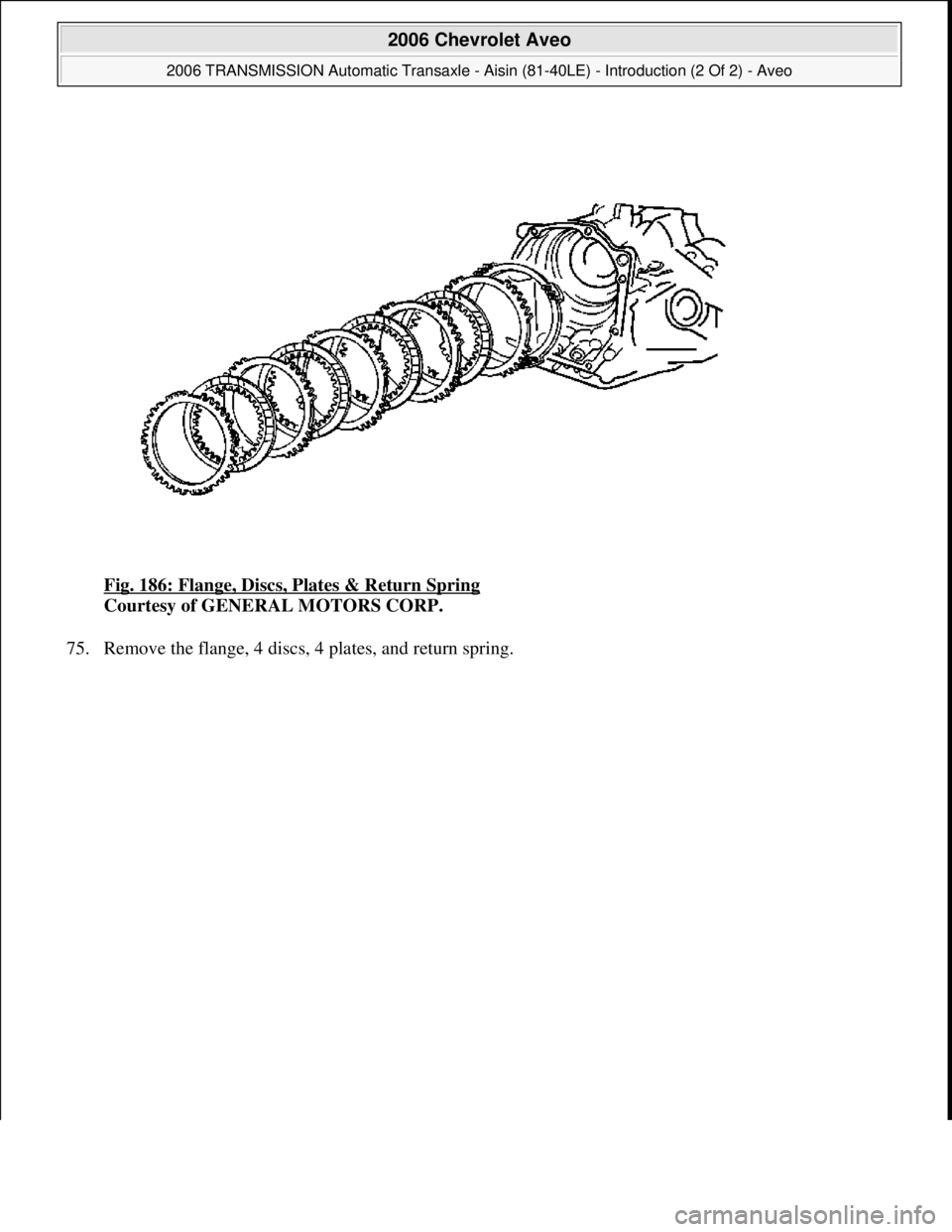 CHEVROLET AVEO 2002  Service Repair Manual Fig. 186: Flange, Discs, Plates & Return Spring 
Courtesy of GENERAL MOTORS CORP. 
75. Remove the flan
ge, 4 discs, 4 plates, and return spring. 
 
2006 Chevrolet Aveo 
2006 TRANSMISSION Automatic Tra
