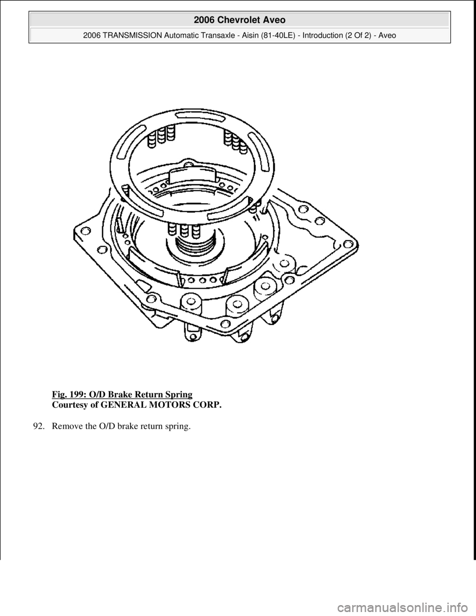 CHEVROLET AVEO 2002  Service Repair Manual Fig. 199: O/D Brake Return Spring 
Courtesy of GENERAL MOTORS CORP. 
92. Remove the O/D brake return sprin
g. 
 
2006 Chevrolet Aveo 
2006 TRANSMISSION Automatic Transaxle - Aisin (81-40LE) - Introduc
