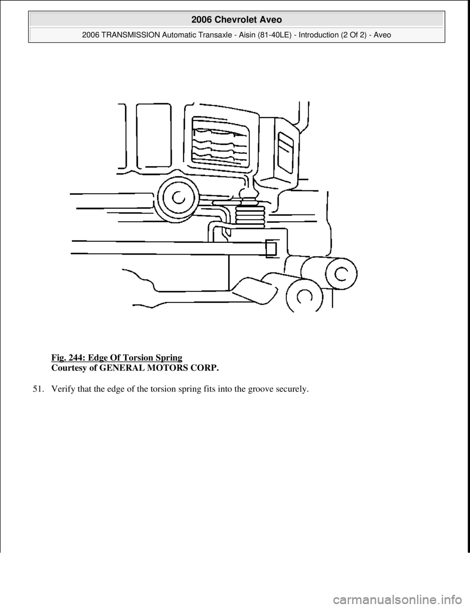CHEVROLET AVEO 2002  Service Repair Manual Fig. 244: Edge Of Torsion Spring 
Courtesy of GENERAL MOTORS CORP. 
51. Verif
y that the edge of the torsion spring fits into the groove securely. 
 
2006 Chevrolet Aveo 
2006 TRANSMISSION Automatic T