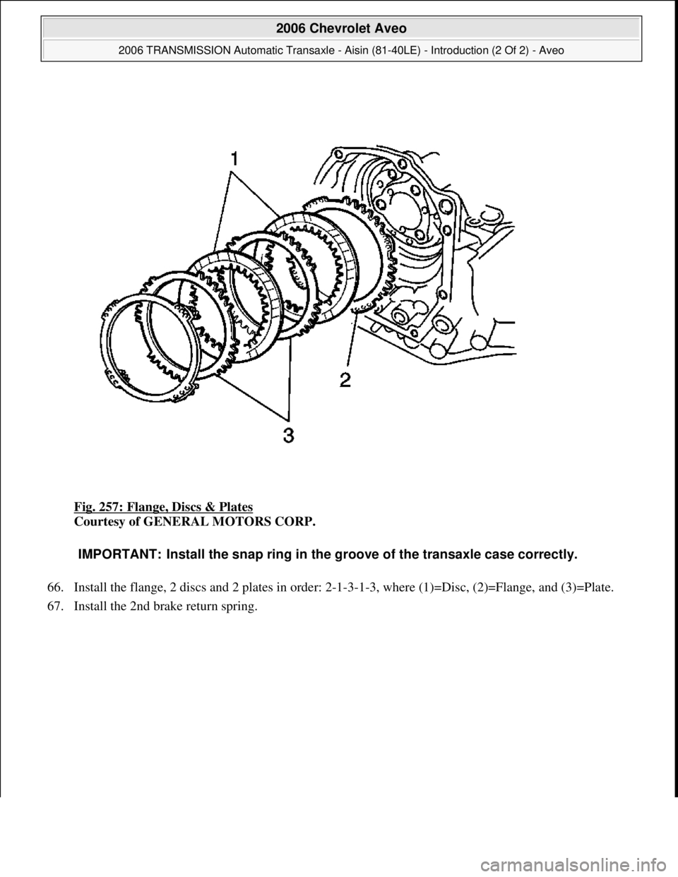 CHEVROLET AVEO 2002  Service Repair Manual Fig. 257: Flange, Discs & Plates 
Courtesy of GENERAL MOTORS CORP. 
66. Install the flange, 2 discs and 2 plates in order: 2-1-3-1-3, where (1)=Disc, (2)=Flange, and (3)=Plate.  
67. Install the 2nd b