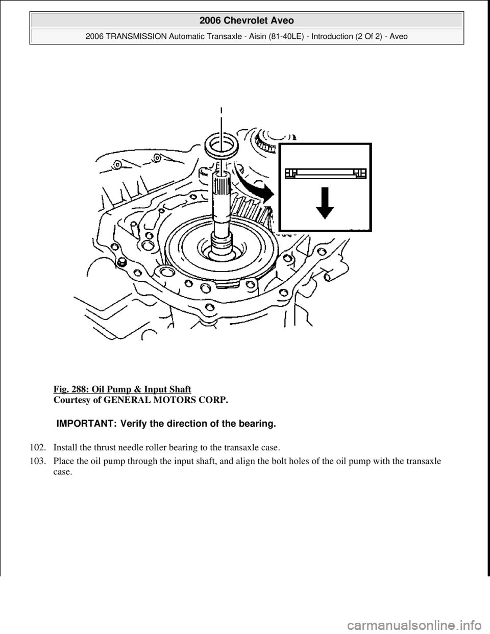 CHEVROLET AVEO 2002  Service Repair Manual Fig. 288: Oil Pump & Input Shaft 
Courtesy of GENERAL MOTORS CORP. 
102. Install the thrust needle roller bearing to the transaxle case.  
103. Place the oil pump through the input shaft, and align th