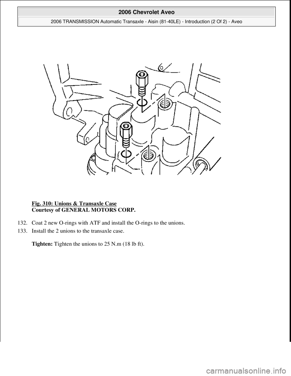 CHEVROLET AVEO 2002  Service Repair Manual Fig. 310: Unions & Transaxle Case 
Courtesy of GENERAL MOTORS CORP. 
132. Coat 2 new O-rings with ATF and install the O-rings to the unions.  
133. Install the 2 unions to the transaxle case. 
Tighten