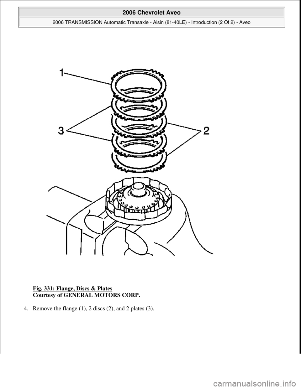 CHEVROLET AVEO 2002  Service Repair Manual Fig. 331: Flange, Discs & Plates 
Courtesy of GENERAL MOTORS CORP. 
4. Remove the flange (1), 2 discs (2), and 2 plates (3). 
 
2006 Chevrolet Aveo 
2006 TRANSMISSION Automatic Transaxle - Aisin (81-4