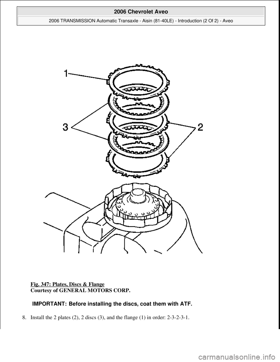 CHEVROLET AVEO 2002  Service Repair Manual Fig. 347: Plates, Discs & Flange 
Courtesy of GENERAL MOTORS CORP. 
8. Install the 2 plates (2), 2 discs (3), and the flan
ge (1) in order: 2-3-2-3-1. 
IMPORTANT: Before installing the discs, coat the