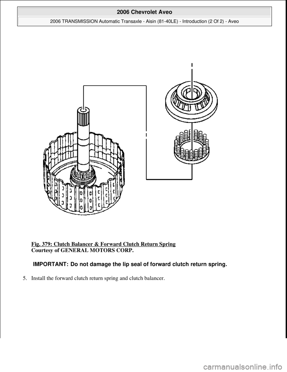 CHEVROLET AVEO 2002  Service Repair Manual Fig. 379: Clutch Balancer & Forward Clutch Return Spring 
Courtesy of GENERAL MOTORS CORP. 
5. Install the forward clutch return spring and clutch balancer. 
IMPORTANT: Do not damage the lip seal of f