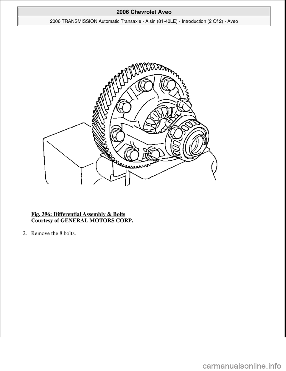 CHEVROLET AVEO 2002  Service Repair Manual Fig. 396: Differential Assembly & Bolts 
Courtesy of GENERAL MOTORS CORP. 
2. Remove the 8 bolts. 
 
2006 Chevrolet Aveo 
2006 TRANSMISSION Automatic Transaxle - Aisin (81-40LE) - Introduction (2 Of 2