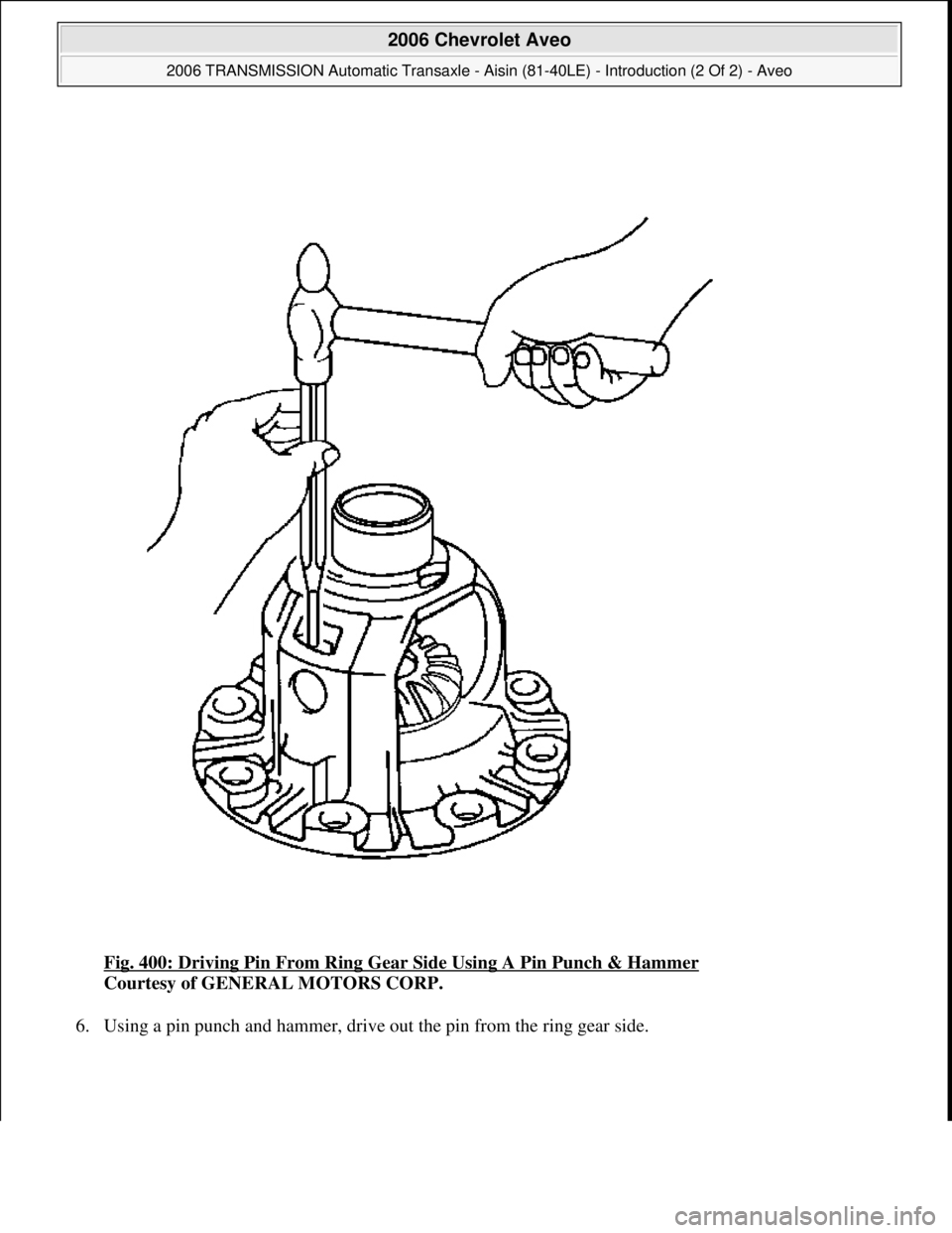 CHEVROLET AVEO 2002  Service Repair Manual Fig. 400: Driving Pin From Ring Gear Side Using A Pin Punch & Hammer 
Courtesy of GENERAL MOTORS CORP. 
6. Usin
g a pin punch and hammer, drive out the pin from the ring gear side. 
 
2006 Chevrolet A