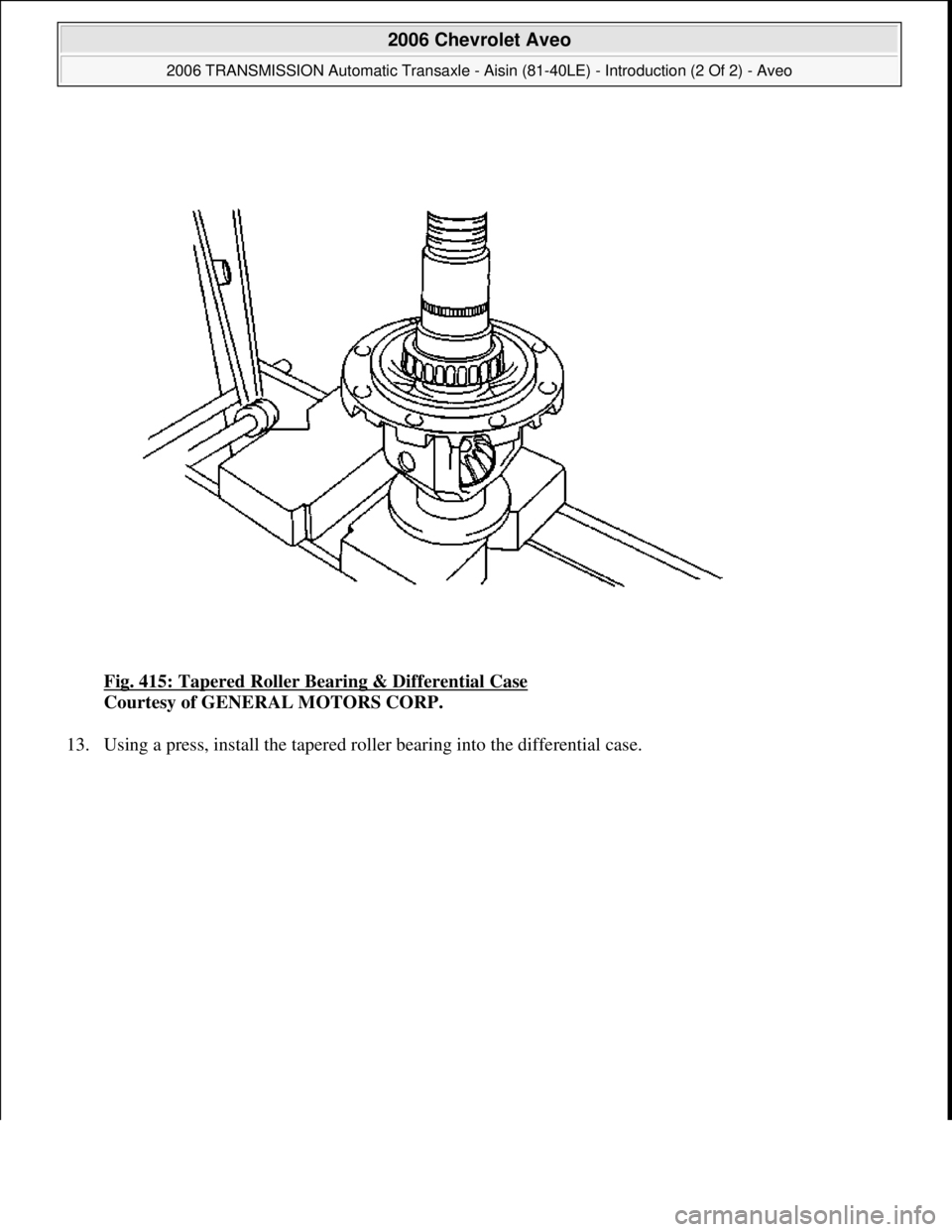 CHEVROLET AVEO 2002  Service Repair Manual Fig. 415: Tapered Roller Bearing & Differential Case 
Courtesy of GENERAL MOTORS CORP. 
13. Using a press, install the tapered roller bearing into the differential case. 
 
2006 Chevrolet Aveo 
2006 T