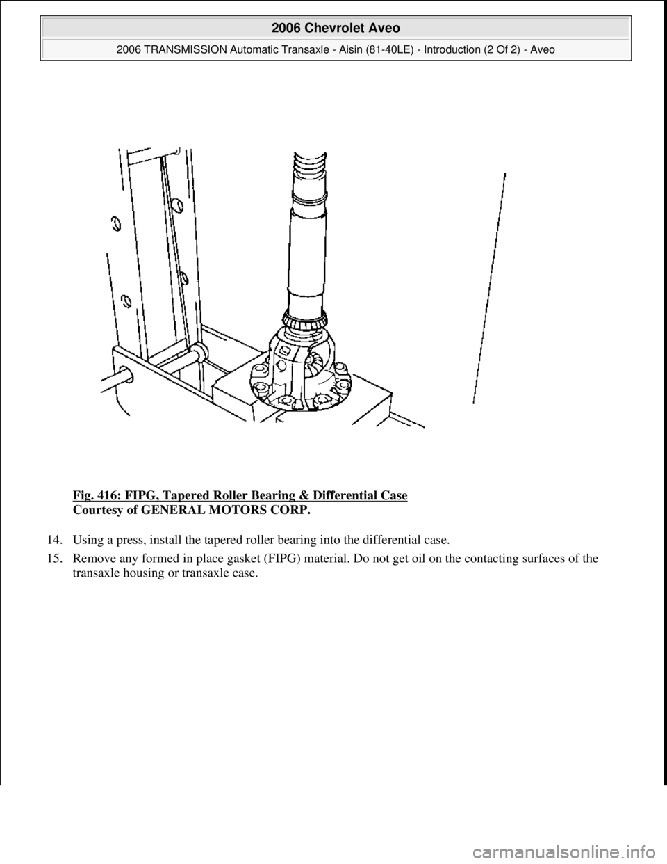 CHEVROLET AVEO 2002  Service Repair Manual Fig. 416: FIPG, Tapered Roller Bearing & Differential Case 
Courtesy of GENERAL MOTORS CORP. 
14. Using a press, install the tapered roller bearing into the differential case.  
15. Remove any formed 