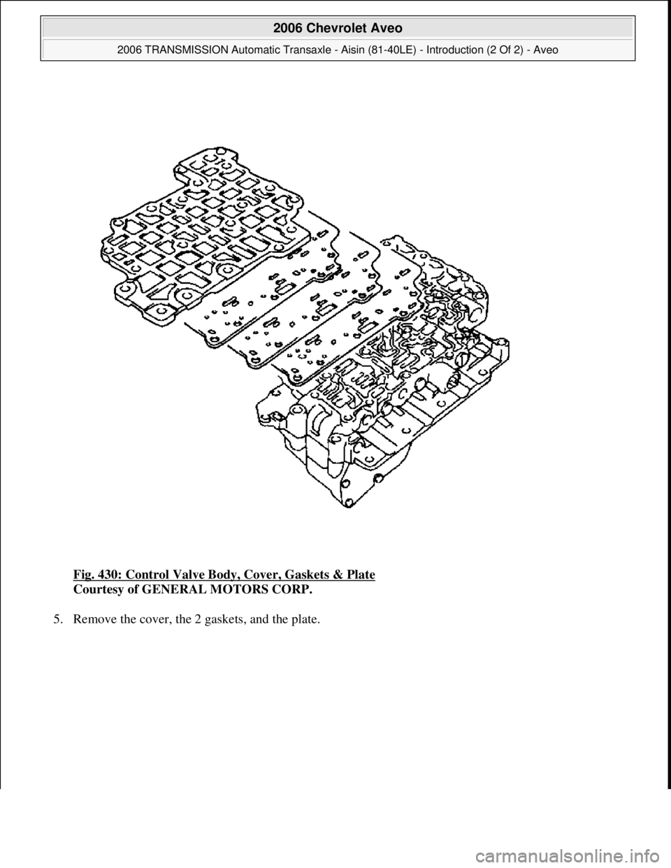 CHEVROLET AVEO 2002  Service Repair Manual Fig. 430: Control Valve Body, Cover, Gaskets & Plate 
Courtesy of GENERAL MOTORS CORP. 
5. Remove the cover, the 2 
gaskets, and the plate. 
 
2006 Chevrolet Aveo 
2006 TRANSMISSION Automatic Transaxl
