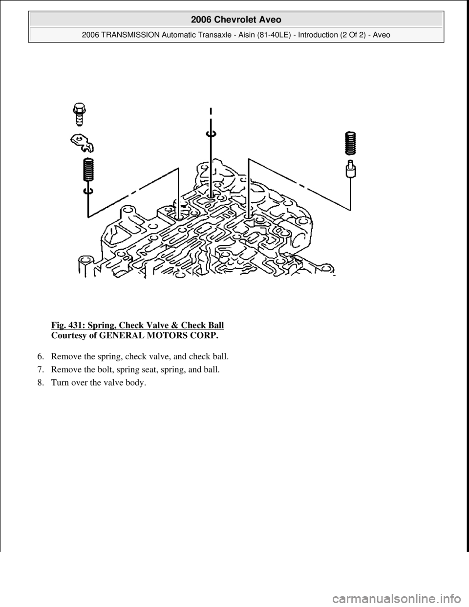 CHEVROLET AVEO 2002  Service Repair Manual Fig. 431: Spring, Check Valve & Check Ball 
Courtesy of GENERAL MOTORS CORP. 
6. Remove the spring, check valve, and check ball.  
7. Remove the bolt, spring seat, spring, and ball.  
8. Turn over the