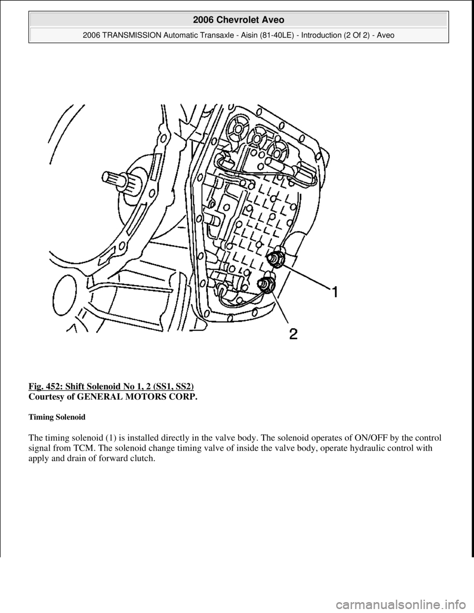 CHEVROLET AVEO 2002  Service Repair Manual Fig. 452: Shift Solenoid No 1, 2 (SS1, SS2) 
Courtesy of GENERAL MOTORS CORP. 
Timing Solenoid 
The timing solenoid (1) is installed directly in the valve body. The solenoid operates of ON/OFF by the 