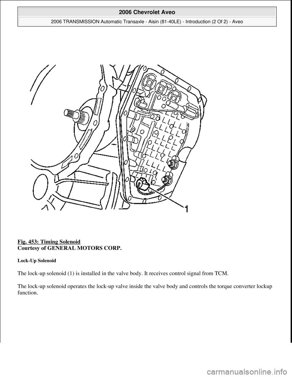 CHEVROLET AVEO 2002  Service Repair Manual Fig. 453: Timing Solenoid 
Courtesy of GENERAL MOTORS CORP. 
Lock-Up Solenoid 
The lock-up solenoid (1) is installed in the valve body. It receives control signal from TCM. 
The lock-up solenoid opera