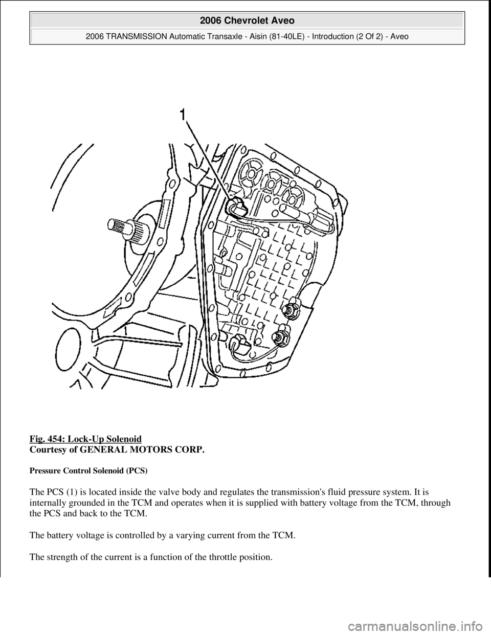 CHEVROLET AVEO 2002  Service Service Manual Fig. 454: Lock-Up Solenoid 
Courtesy of GENERAL MOTORS CORP. 
Pressure Control Solenoid (PCS) 
The PCS (1) is located inside the valve body and regulates the transmissions fluid pressure system. It i