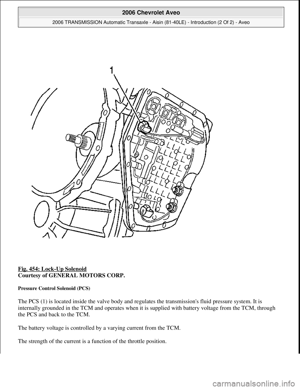 CHEVROLET AVEO 2002  Service Repair Manual Fig. 454: Lock-Up Solenoid 
Courtesy of GENERAL MOTORS CORP. 
Pressure Control Solenoid (PCS) 
The PCS (1) is located inside the valve body and regulates the transmissions fluid pressure system. It i