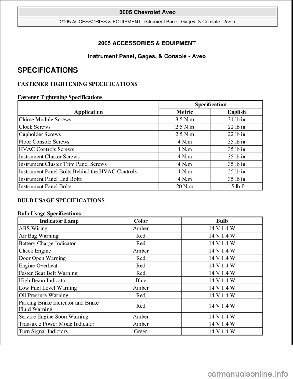 CHEVROLET AVEO 2002 Service Repair Manual 2005 ACCESSORIES & EQUIPMENT
Instrument Panel, Gages, & Console - Aveo
SPECIFICATIONS
FASTENER TIGHTENING SPECIFICATIONS
Fastener Tightening Specifications
BULB USAGE SPECIFICATIONS
Bulb Usage Sp CHEVROLET AVEO 2002 Service Repair Manual 2005 ACCESSORIES & EQUIPMENT
Instrument Panel, Gages, & Console - Aveo
SPECIFICATIONS
FASTENER TIGHTENING SPECIFICATIONS
Fastener Tightening Specifications
BULB USAGE SPECIFICATIONS
Bulb Usage Sp