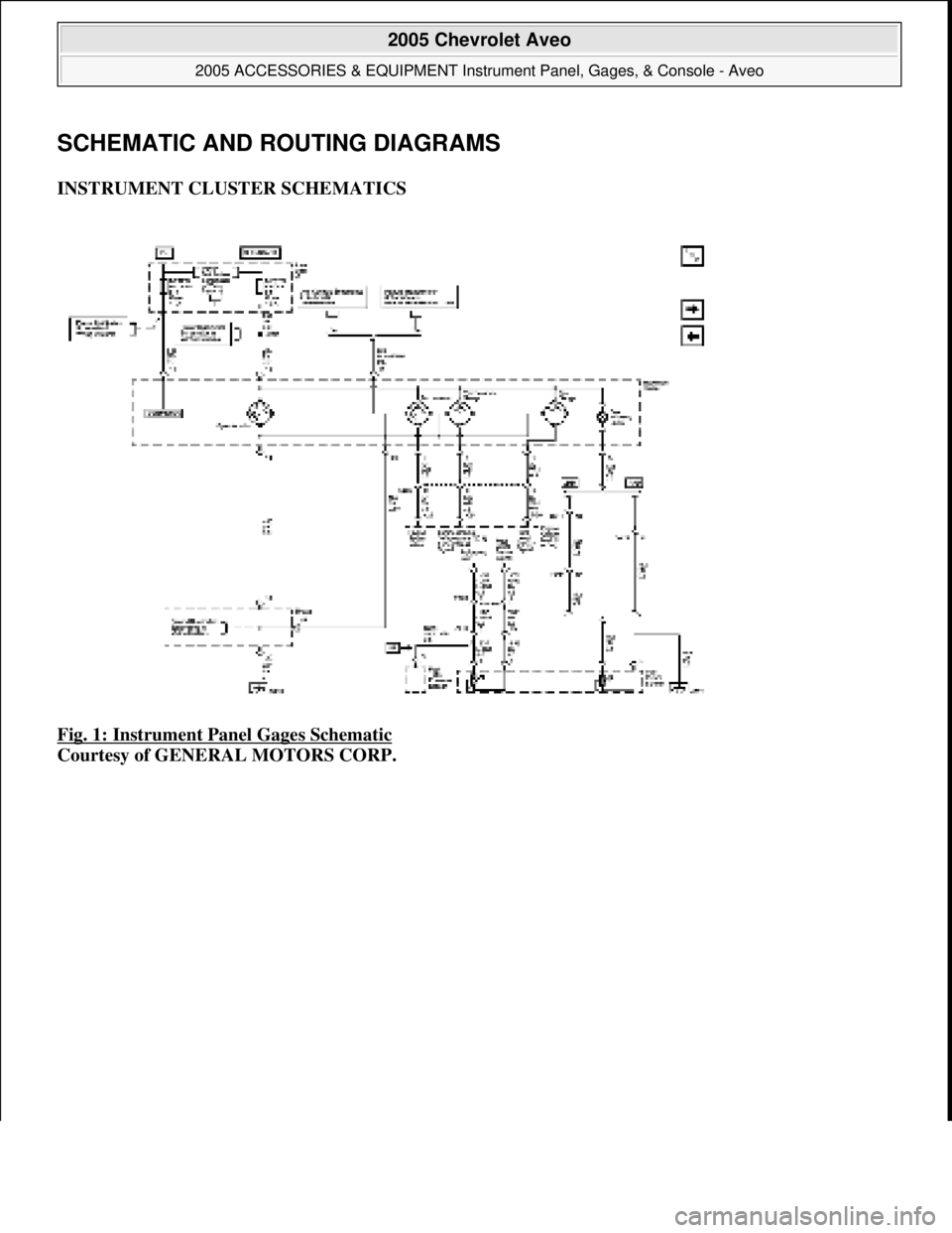 CHEVROLET AVEO 2002  Service Repair Manual SCHEMATIC AND ROUTING DIAGRAMS
INSTRUMENT CLUSTER SCHEMATICS 
Fig. 1: Instrument Panel Gages Schematic
 
Courtesy of GENERAL MOTORS CORP.
 
2005 Chevrolet Aveo 
2005 ACCESSORIES & EQUIPMENT Instrument