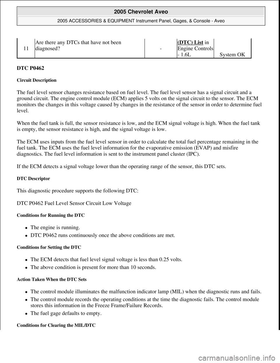 CHEVROLET AVEO 2002 Service Repair Manual DTC P0462
Circuit Description
The fuel level sensor changes resistance based on fuel level. The fuel level sensor has a signal circuit and a
ground circuit. The engine control module (ECM) applies CHEVROLET AVEO 2002 Service Repair Manual DTC P0462
Circuit Description
The fuel level sensor changes resistance based on fuel level. The fuel level sensor has a signal circuit and a
ground circuit. The engine control module (ECM) applies